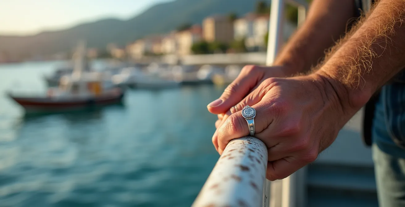 Nahaufnahme von Händen am Schiffsgeländer bei der Hafeneinfahrt
