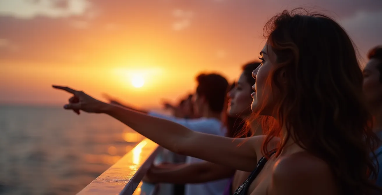 Menschen beobachten den Sonnenuntergang auf dem Außendeck einer Fähre